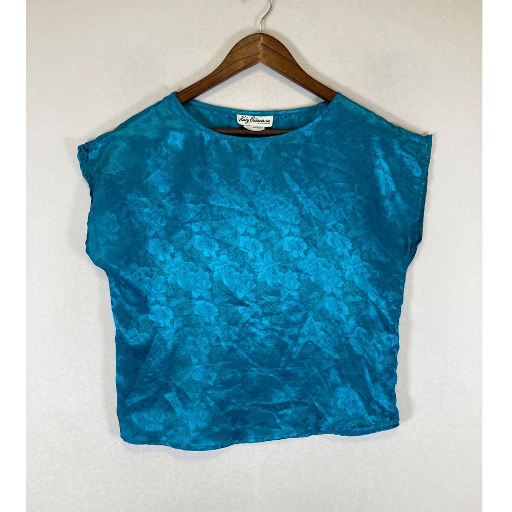 Vintage Risky Business Inc Womens Med‎ Teal Floral Jacquard Satin Cap Sleeve Top
